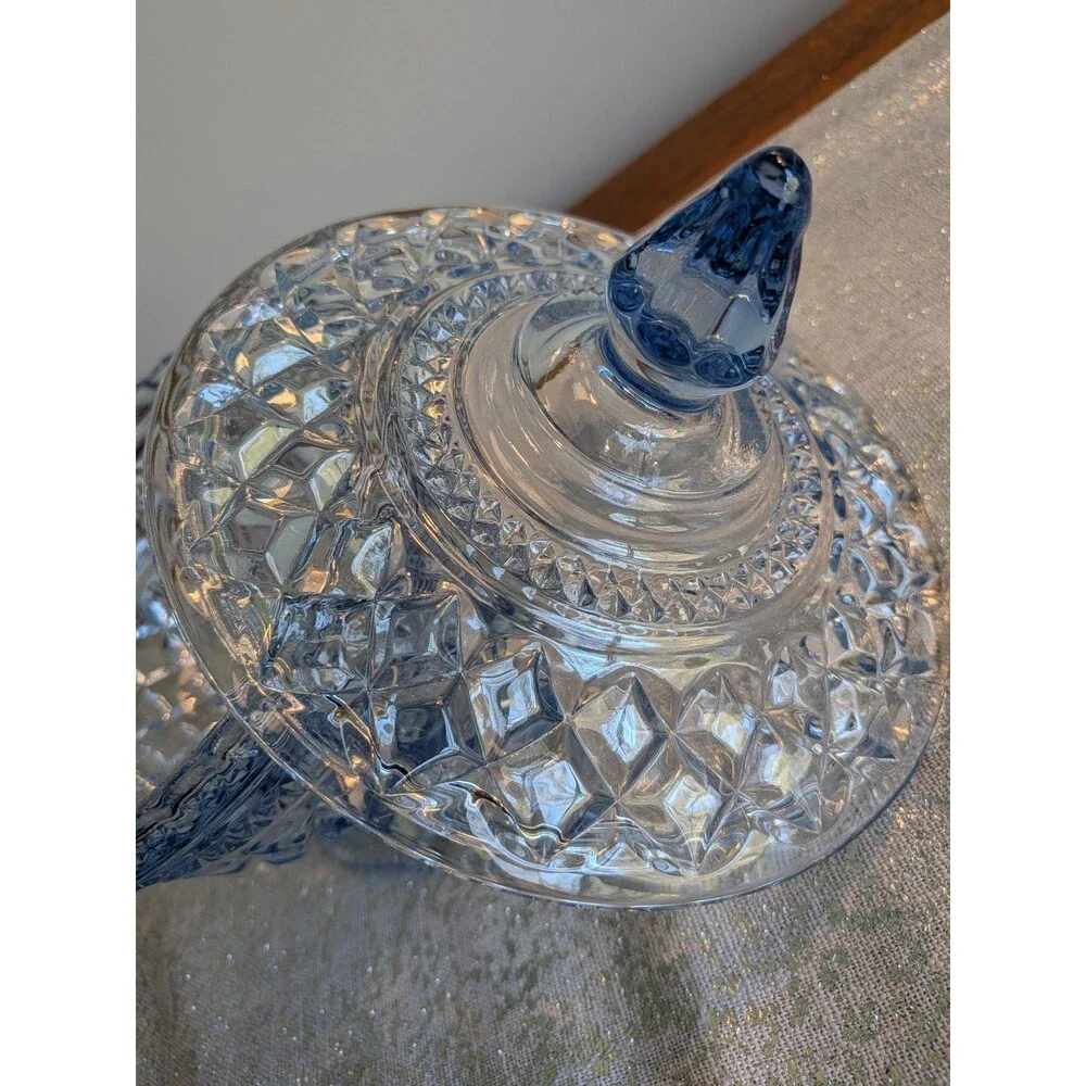 Anchor Hocking WEXFORD Vtg Sapphire Light Blue Footed Compote w/ Lid Candy Dish